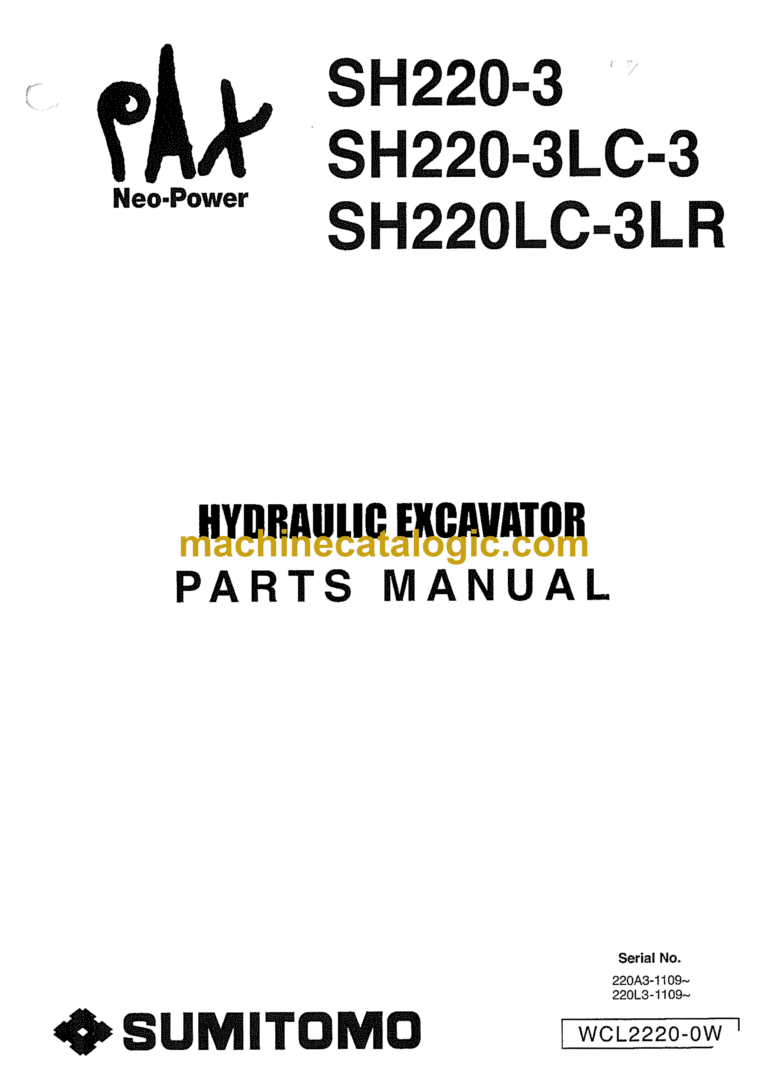 Sumitomo SH220-3, SH220-3LC-3, SH220LC-3LR Hydraulic Excavator Parts Manual (WCL2220-0W)
