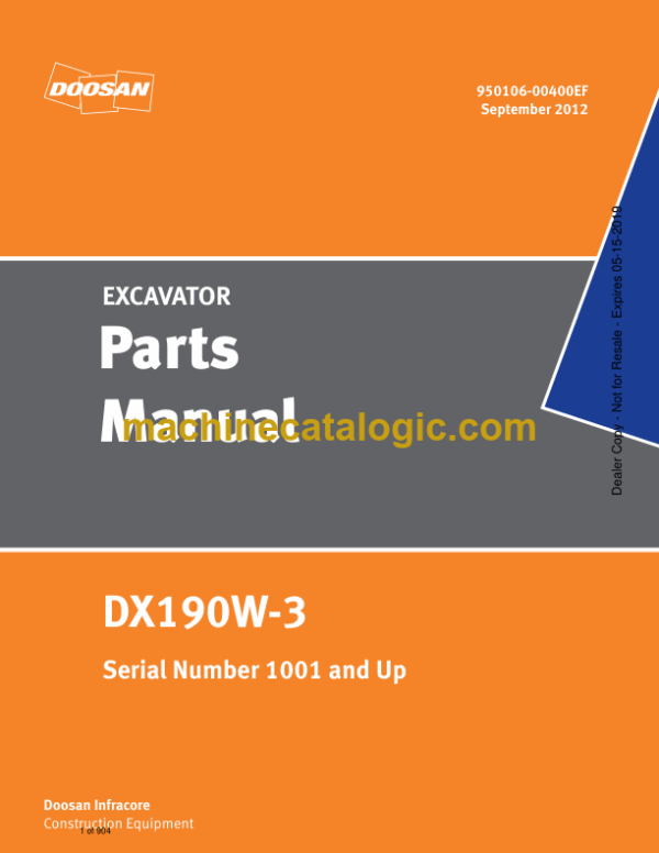 Doosan DX190W-3 Wheeled Excavator Parts Manual (Serial Number 1001 and Up)