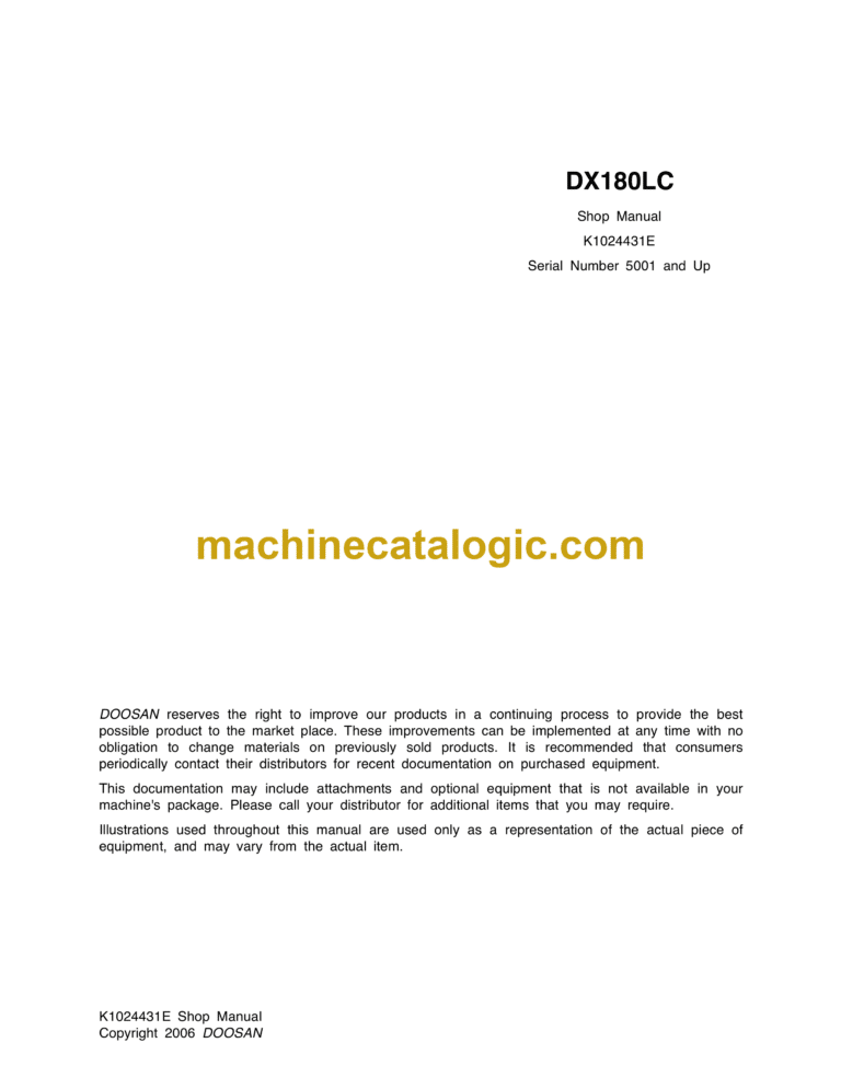 Doosan DX180 Crawler Excavator Shop Manual (K1024431E)