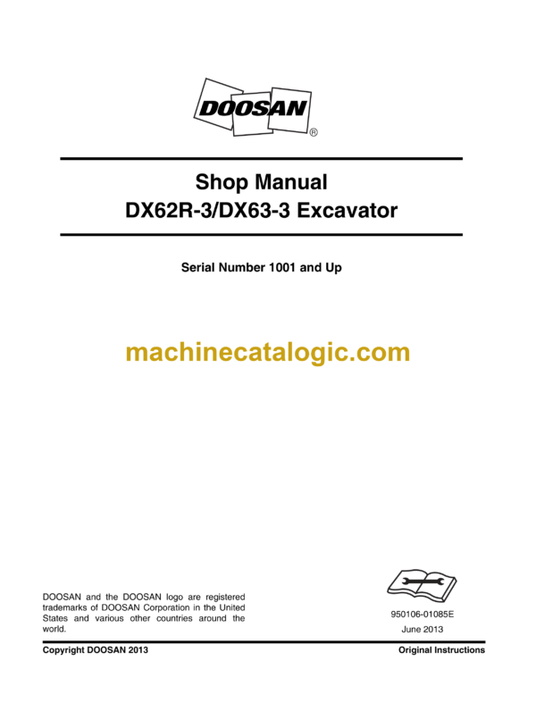 Doosan DX62R-3, DX63-3 Hydraulic Excavator Shop Manual (Serial Number 1001 and Up)