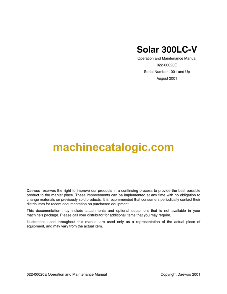 Doosan Daewoo Solar 300LC-V Excavator Shop Manual (Serial Number 1001 and Up)