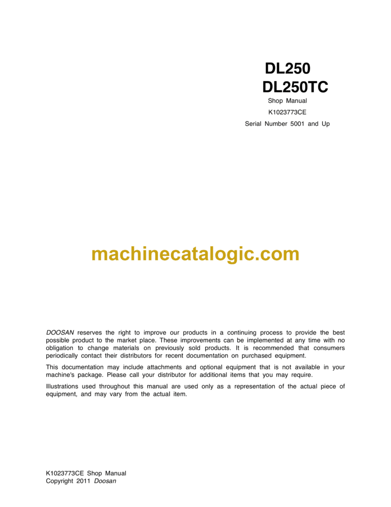 Doosan DL250, DL250TC Wheel Loader Shop Manual (Serial Number 5001 and Up)