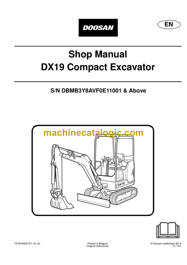 Doosan DX19 Compact Excavator Shop Manual (Serial Number DBMB3Y8AVF0E11001 & Above)