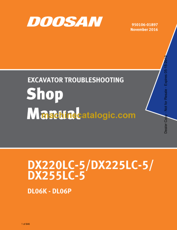 Doosan DX220LC-5, DX225LC-5, DX255LC-5 Hydraulic Excavator Troubleshooting Shop Manual (DL06K - DL06P)