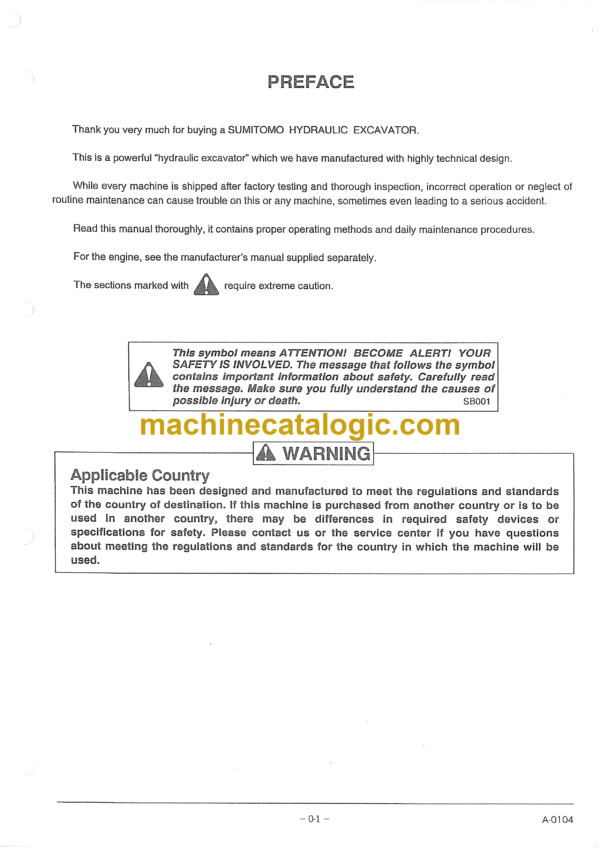 Sumitomo 350HD-2B Hydraulic Excavator Operators Manual