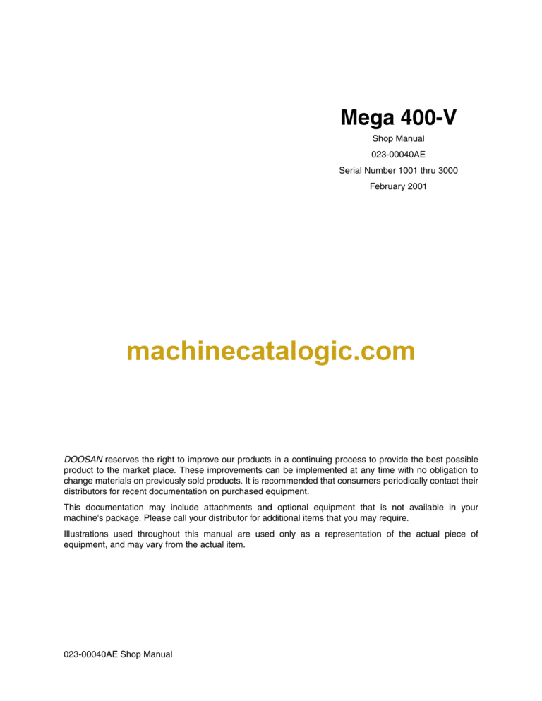 Doosan Mega 400-V Wheel Loader Shop Manual (Serial Number 1001 thru 3000)