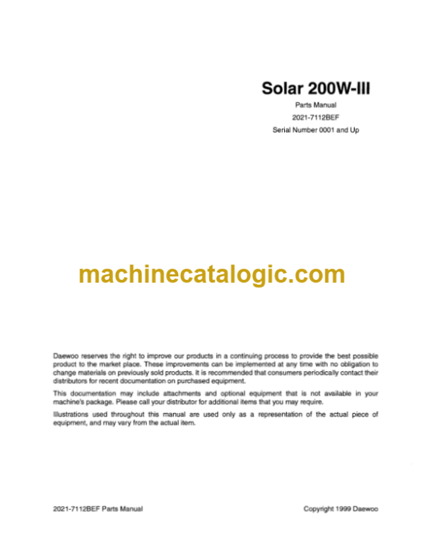 Doosan Solar 200W-3 Wheeled Excavator Parts Manual (Serial Number 0001 and Up)