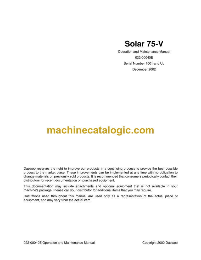 Daewoo Solar 75-V Excavator Operation and Maintenance Manual (Serial Number 1001 and Up)
