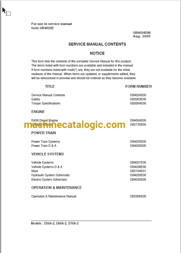 Doosan Daewoo D50A-2, D60A-2, D70A-2 Lift Truck Service Manual