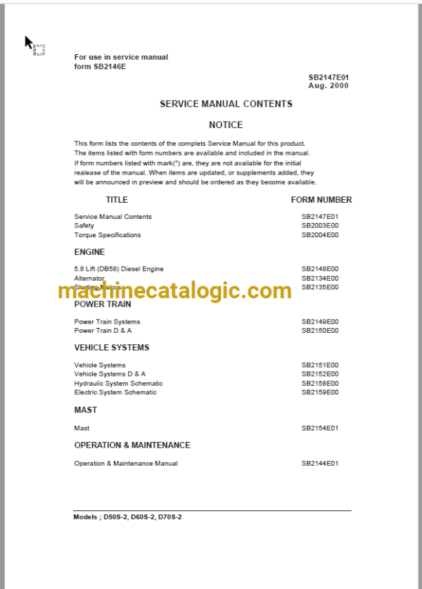 Doosan Daewoo D50S-2, D60S-2, D70S-2 Lift Truck Service Manual