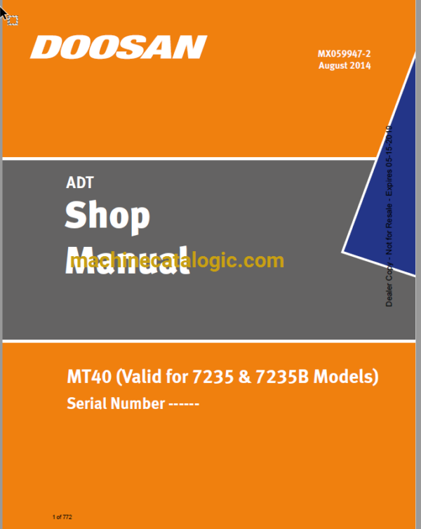 Doosan MT40 Valid for 7235 & 7235B Models Articulated Dump Truck Shop Manual (Serial Number ------)