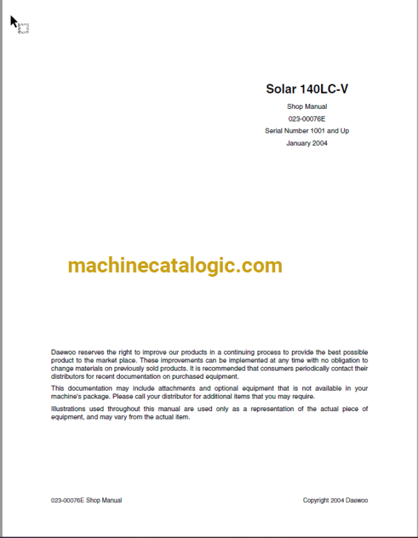Doosan Daewoo Solar 140LC-V Excavator Shop Manual (Serial Number 1001 and Up)