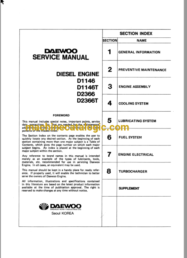 Doosan Daewoo D1146, D1146T, D2366, D2366T Diesel Engine Shop Manual