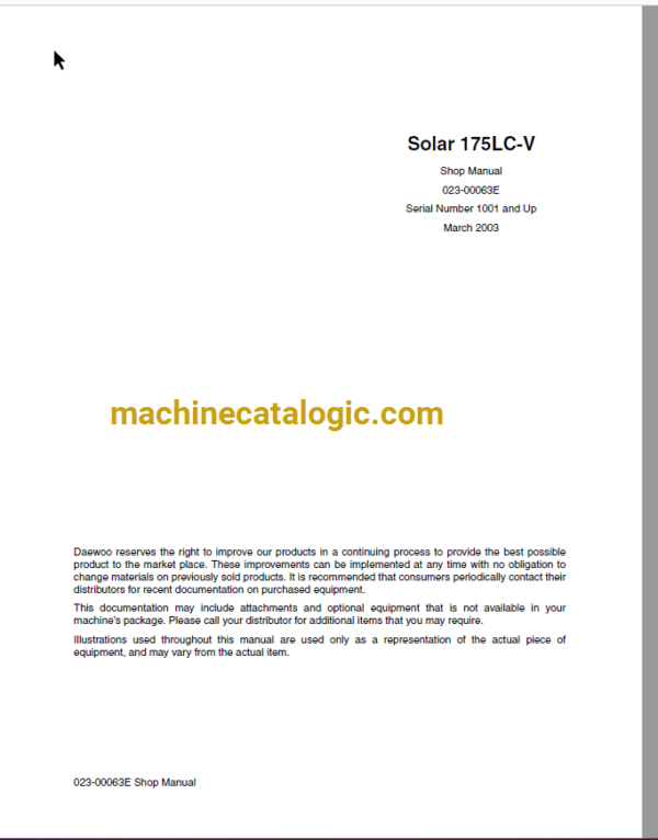 Doosan Daewoo Solar 175LC-V Excavator Shop Manual (Serial Number 1001 and Up)