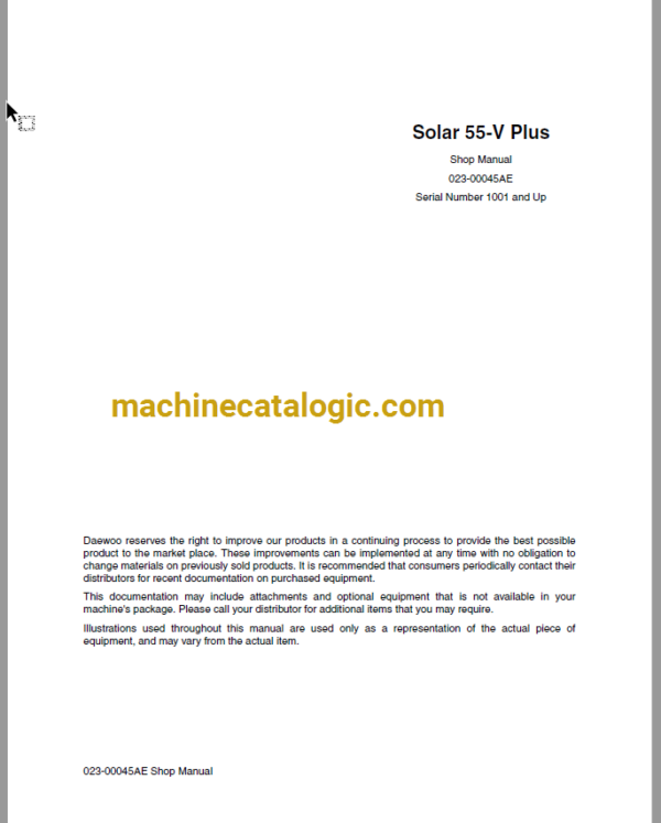 Doosan Daewoo Solar 55-V Plus Excavator Shop Manual (Serial Number 1001 and Up)