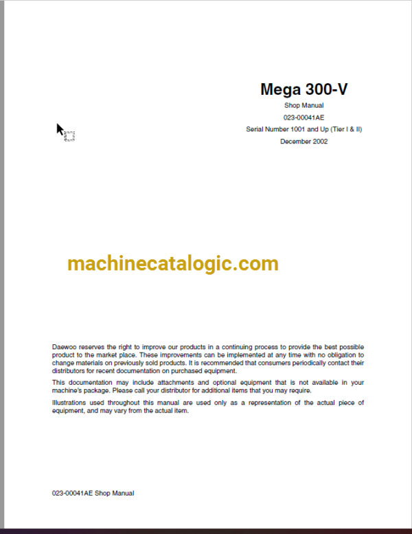 Doosan Daewoo Mega 300-V Wheel Loader Shop Manual (Serial Number 1001 and Up)