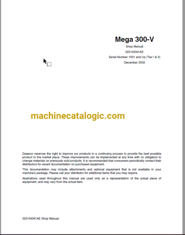 Doosan Daewoo Mega 300-V Wheel Loader Shop Manual (Serial Number 1001 and Up Tier I & II)