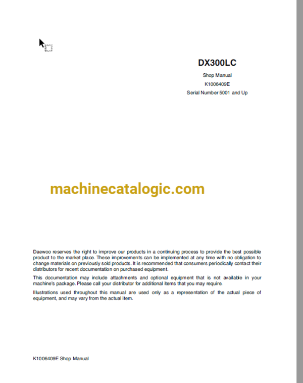 Doosan DX300LC Crawler Excavator Shop Manual (Serial Number 5001 and Up)