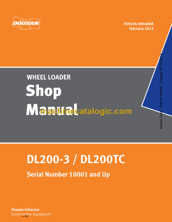 Doosan DL200-3 Wheel Loader Shop Manual (Serial Number 10001 and Up)