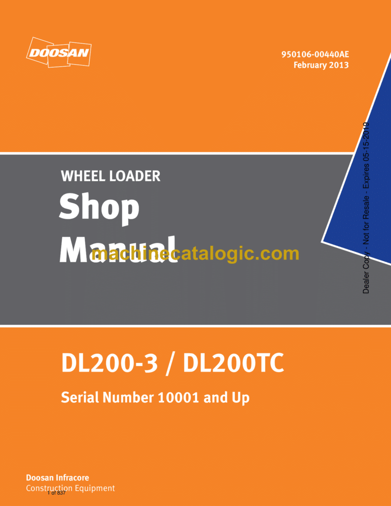 Doosan DL200-3 Wheel Loader Shop Manual (Serial Number 10001 and Up)