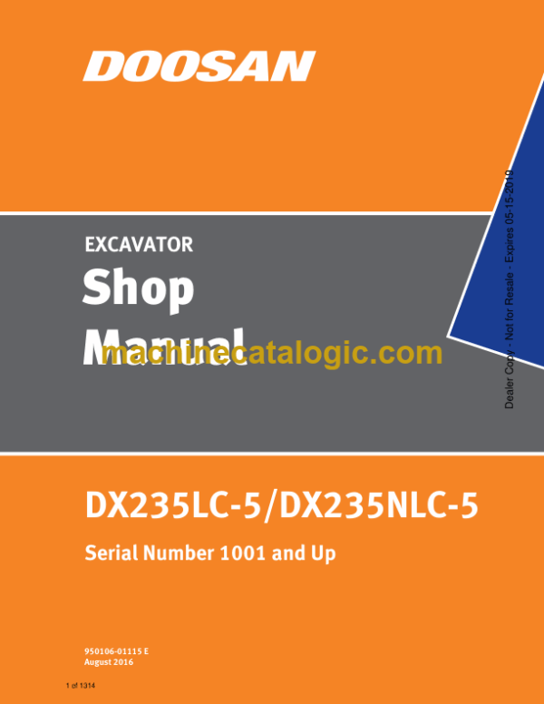 Doosan DX235LC-5, DX235NLC-5 Excavator Shop Manual (Serial Number 1001 and Up)