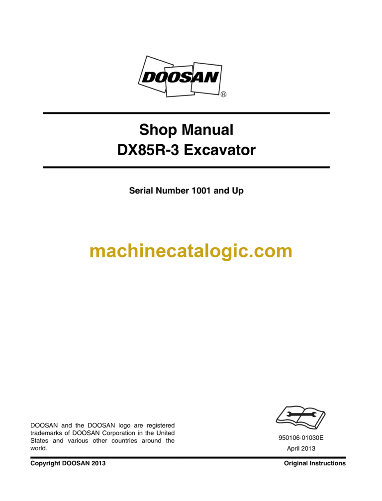 Doosan DX85R-3 Hydraulic Excavator Shop Manual (Serial Number 1001 and Up)