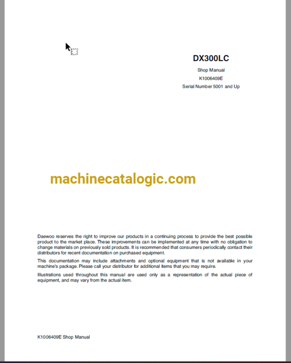 Doosan DX300 Crawler Excavator Shop Manual (Serial Number 5001 and Up)