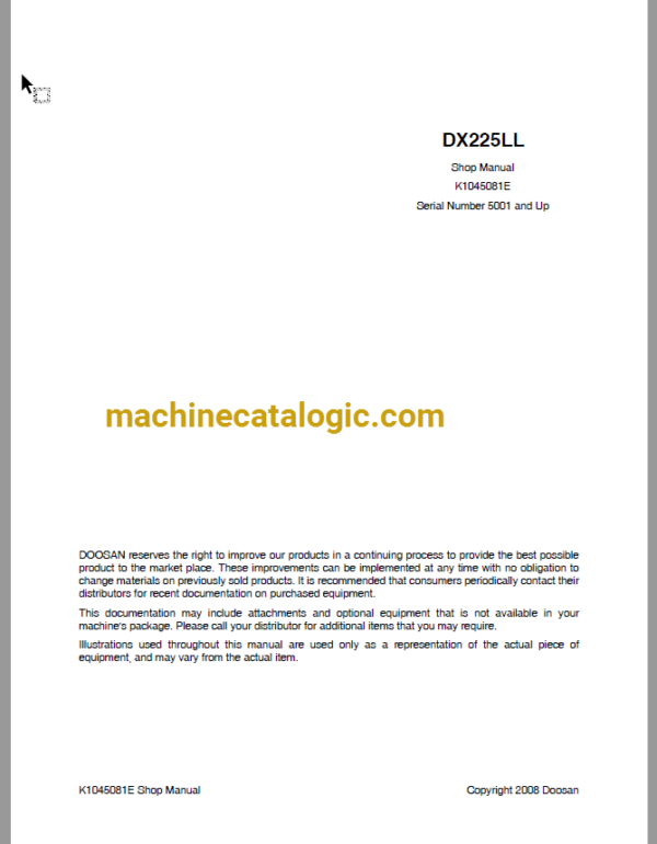 Doosan DX225LL Hydraulic Excavator Shop Manual (Serial Number 5001 and Up)