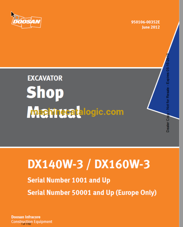 Doosan DX140W-3, DX160W-3 Wheeled Excavator Shop Manual (Serial Number 1001 and Up)