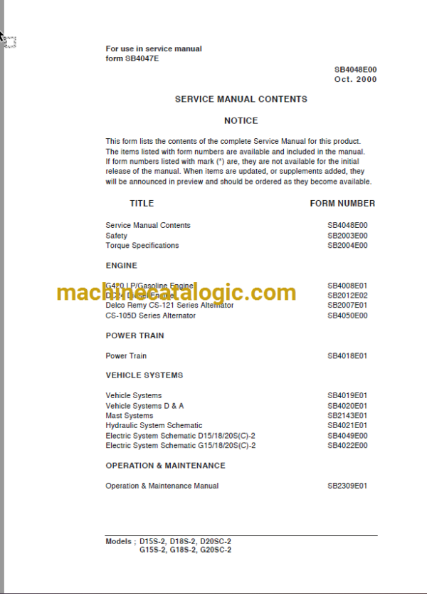 Doosan Daewoo D15S-2, D18S-2, D20SC-2 G15S-2, G18S-2, G20SC-2 Lift Truck Service Manual