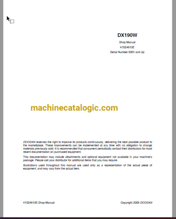 Doosan DX190W Wheeled Excavator Shop Manual (Serial Number 5001 and Up)