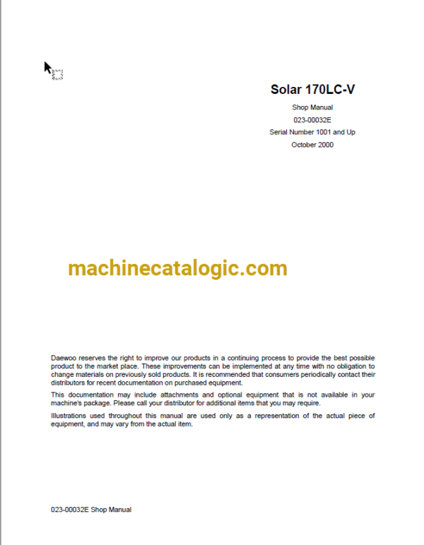 Doosan Daewoo Solar 170LC-V Excavator Shop Manual (Serial Number 1001 and Up)