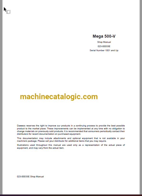 Doosan Daewoo Mega 500-V Wheel Loader Shop Manual (Serial Number 1001 and Up)