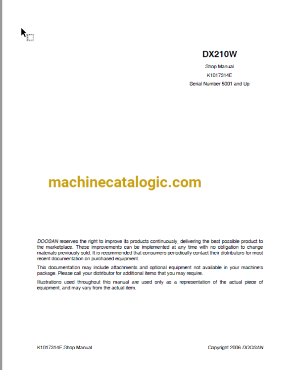 Doosan DX210W Wheeled Excavator Shop Manual (Serial Number 5001 and Up)