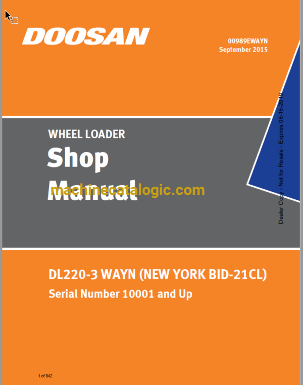 Doosan DL220-3 Wayn Wheel Loader Shop Manual (Serial Number 10001 and Up)
