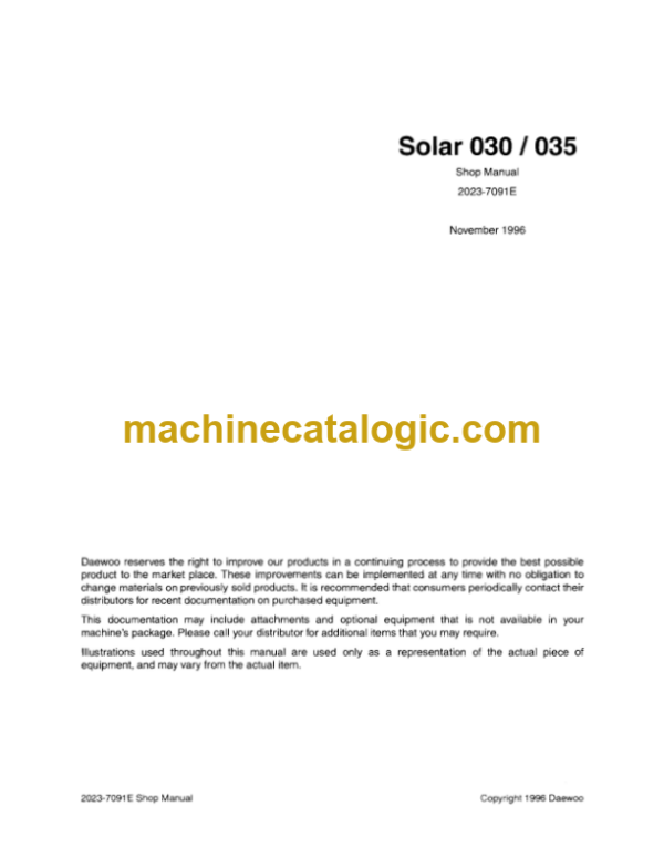 Doosan Daewoo Solar 030, Solar 035 Excavator Shop Manual (2023-7091E)