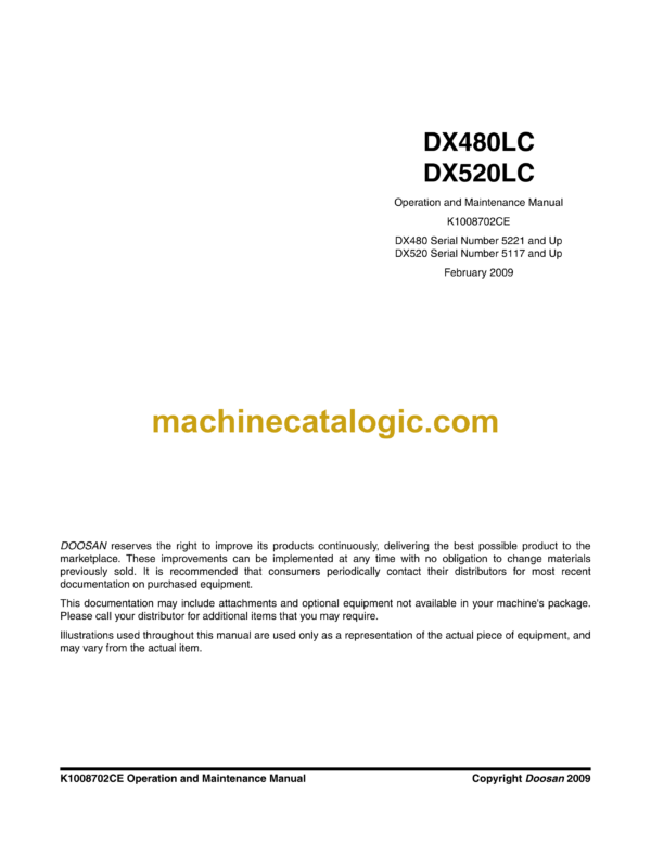 Doosan DX480LC, DX520LC Excavator Operation and Maintenance Manual (DX480 Serial Number 5221 and Up DX520 Serial Number 5117 and Up)