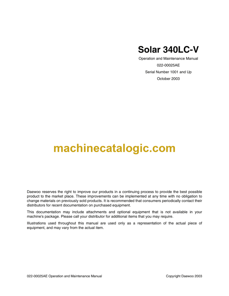 Daewoo Solar 340LC-V Excavator Operation and Maintenance Manual (Serial Number 1001 and Up)