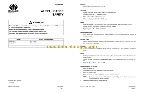 Doosan Daewoo Mega 400-V Wheel Loader Shop Manual (Serial Number 3001 and Up) - Image 3