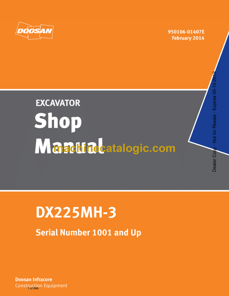 Doosan DX225MH-3 Hydraulic Excavator Shop Manual (Serial Number 1001 and Up)