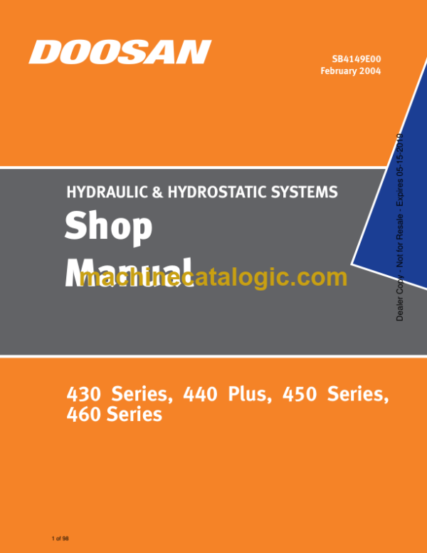 Doosan 430 Series, 440 Plus, 450 Series, 460 Series Hydraulic & Hydrastatic Systems Shop Manual (SB4149E00)