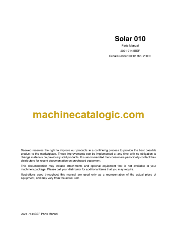 Doosan Solar 010 Mini Excavator Parts Manual (Serial Number 00001 thru 20000)