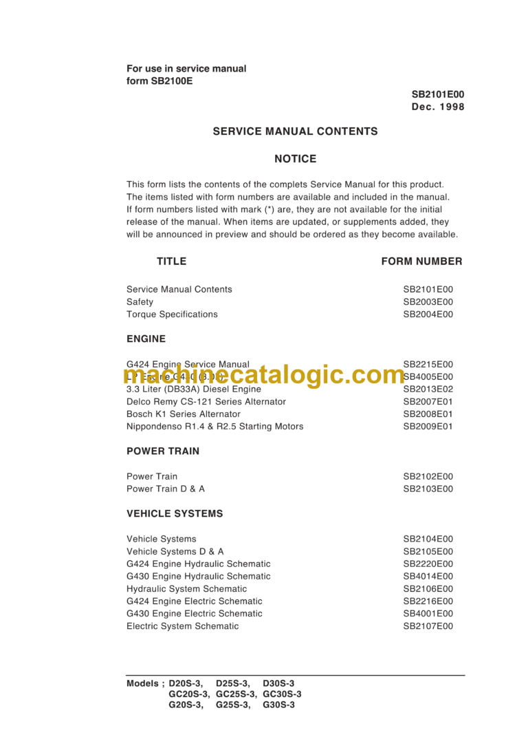 Daewoo D20S-3, D25S-3, D30S-3 GC20S-3, GC25S-3, GC30S-3 G20S-3, G25S-3, G30S-3 Lfit Truck Service Manual