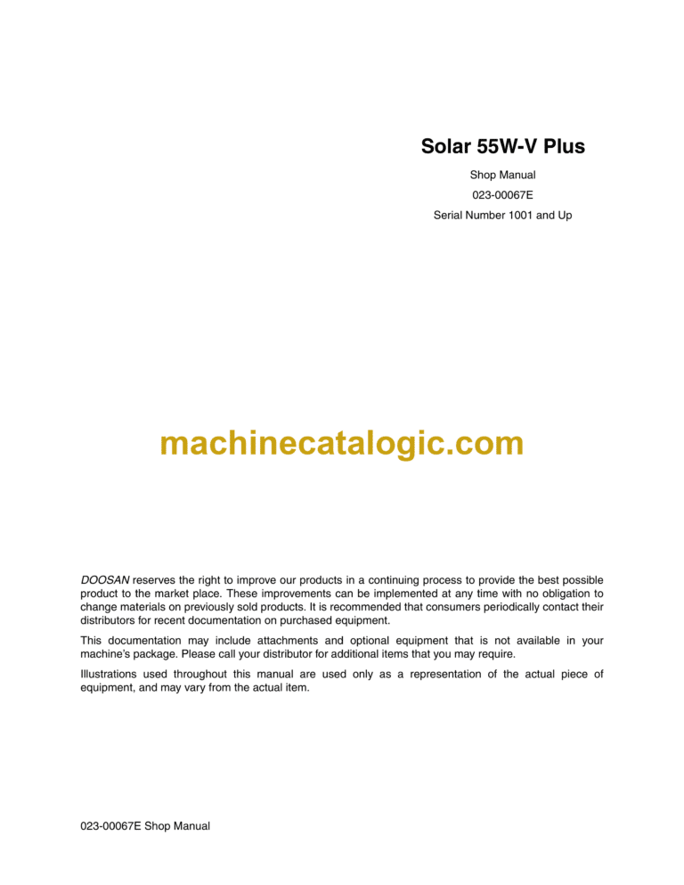 Doosan Solar 55W-V Plus Excavator Shop Manual (Serial Number 1001 and Up)