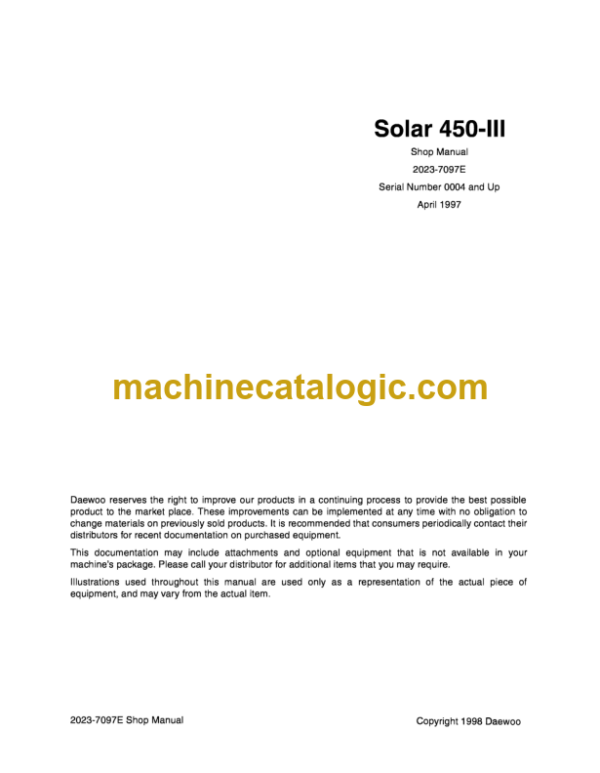 Doosan Daewoo Solar 450-3 Excavator Shop Manual (Serial Number 0004 and Up)