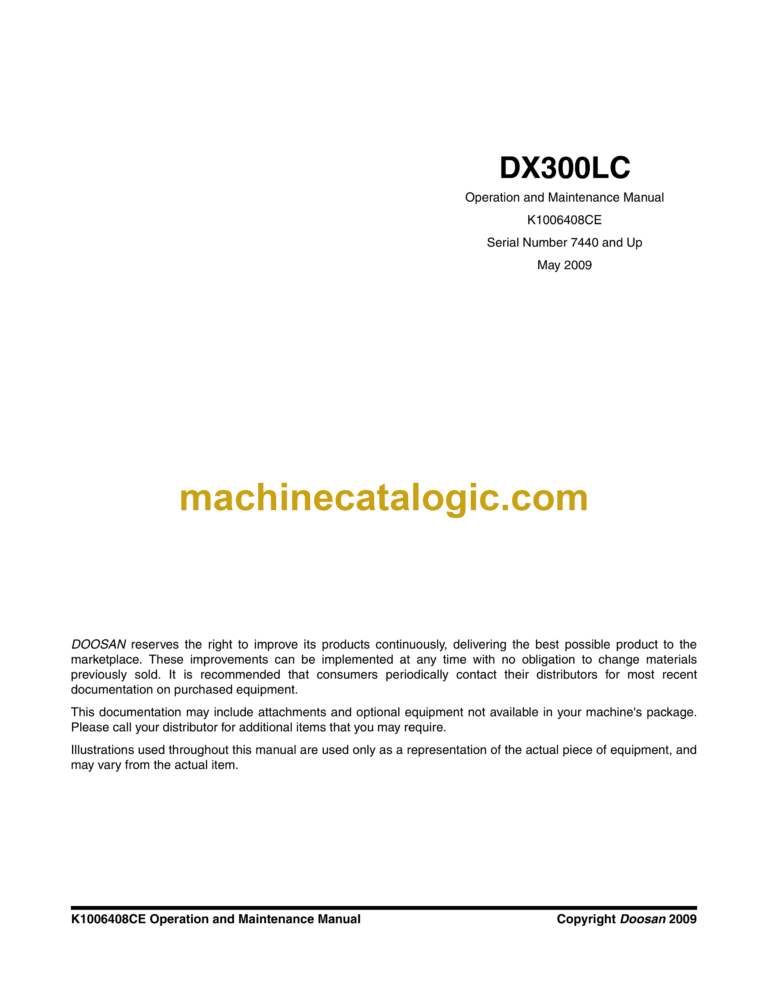 Doosan DX300LC Excavator Operation and Maintenance Manual (Serial Number 7440 and Up)