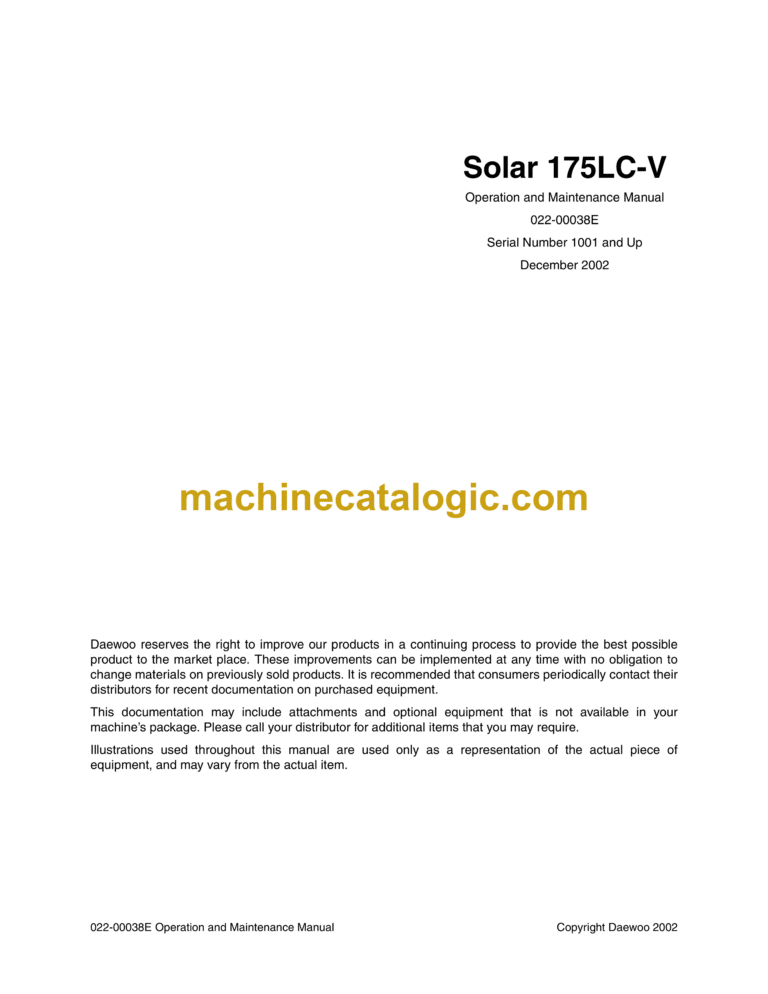 Daewoo Solar 175LC-V Excavator Operation and Maintenance Manual (Serial Number 1001 and Up)