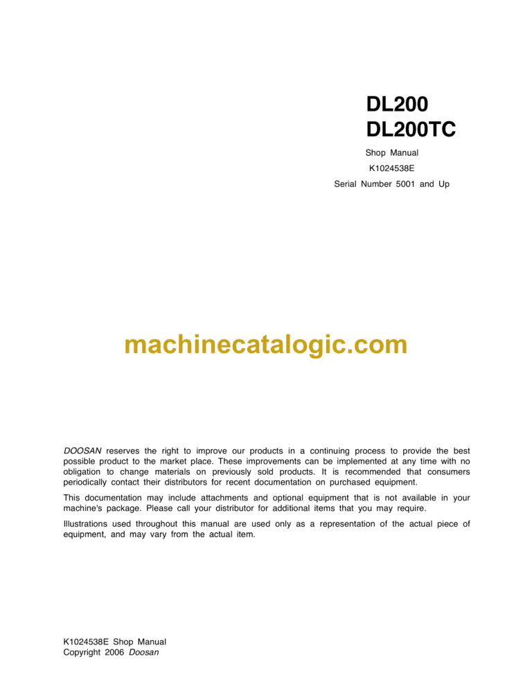 Doosan DL200 Wheel Loader Shop Manual (Serial Number 5001 and Up)