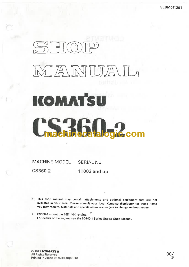 Komatsu CS360-2 Crawler Stablizer Shop Manual (SEBM001201)