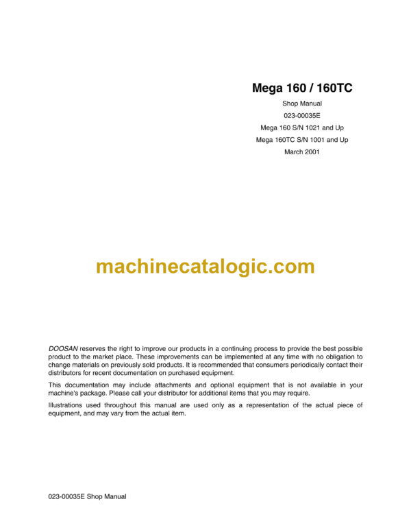 Doosan Mega 160, Mega 160TC Wheel Loader Shop Manual (Mega 160 SN 1021 and Up Mega 160TC SN 1001 and Up)
